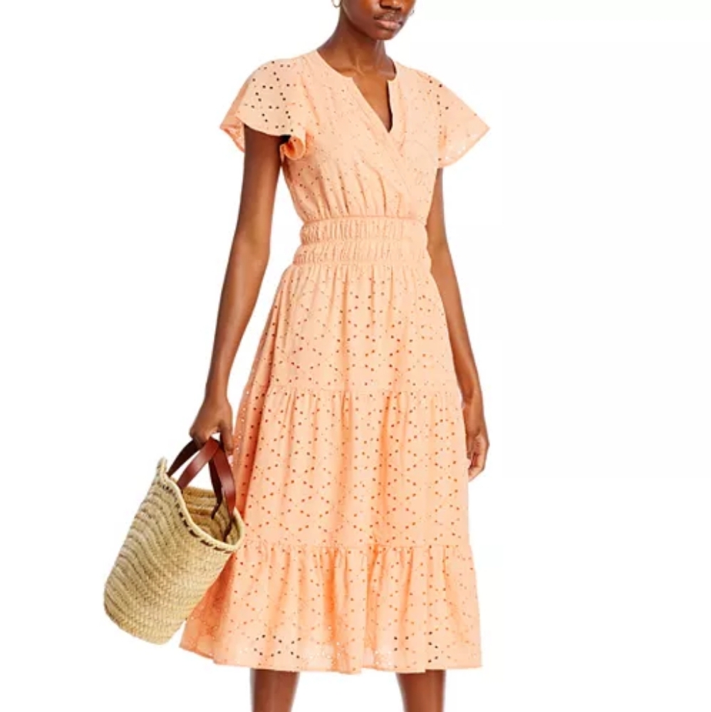 Koko + Mason Eyelet Midi Dress Women’s Smocked Waist Tiered Cotton - Picture 2 of 9